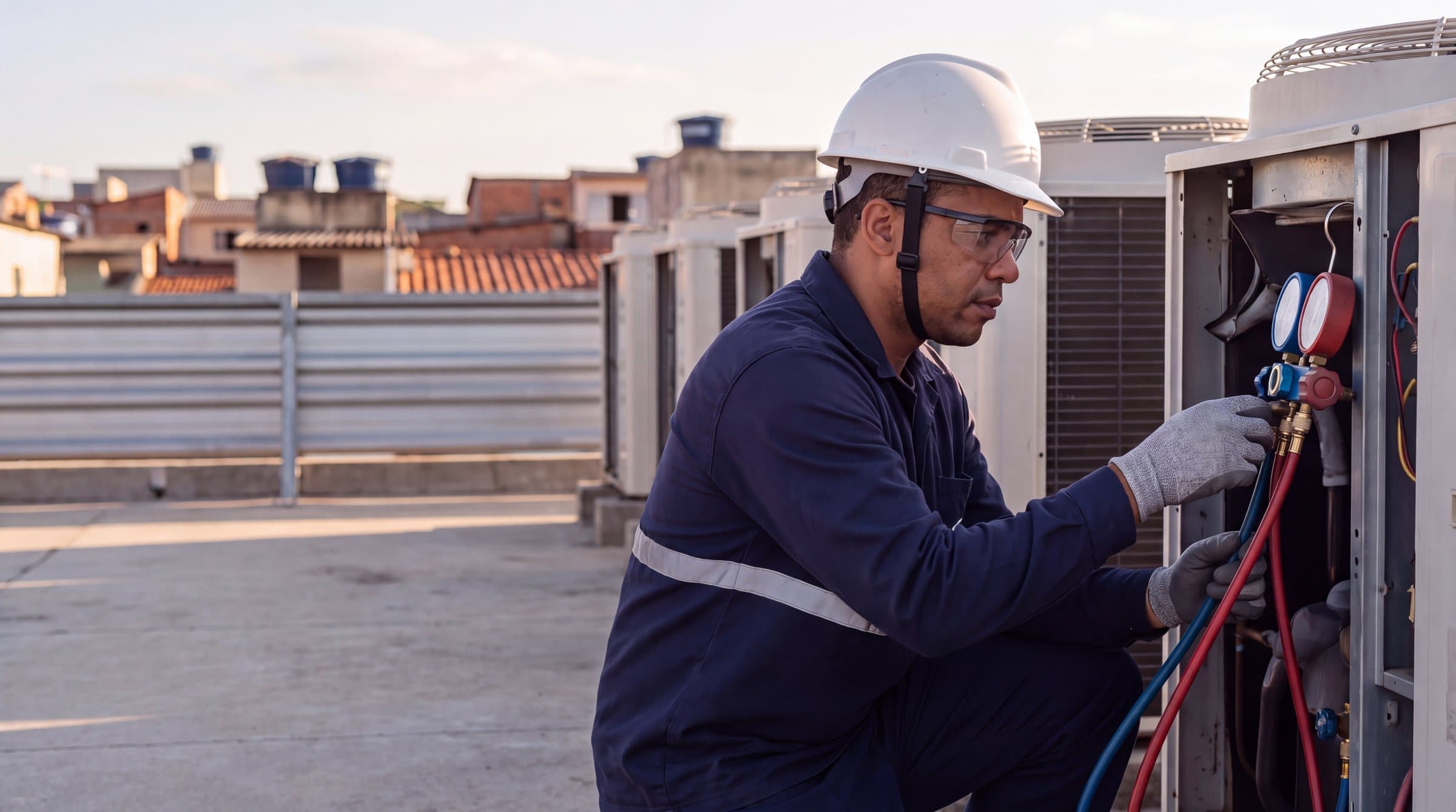 Técnico de climatização agachado ao lado de uma condensadora numa laje, com capacete, óculos e luvas, ligando o manifold de manômetros à máquina; telhados de cidade ao fundo, fim de tarde