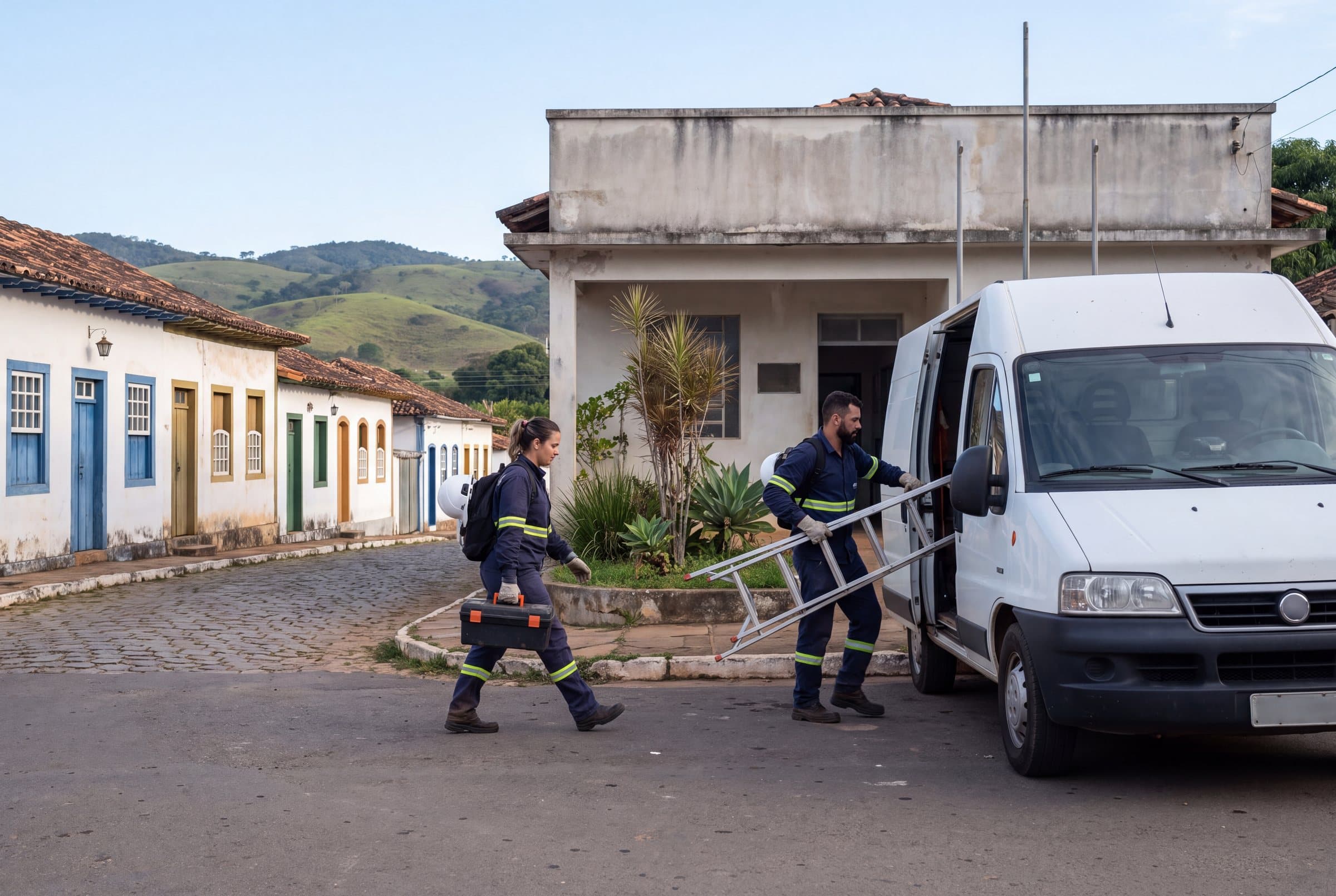 Van branca sem logotipo parada em frente a uma agência térrea numa cidade do interior de Minas; dois técnicos de uniforme e EPI descem com caixa de ferramentas e escada, casario e morros ao fundo