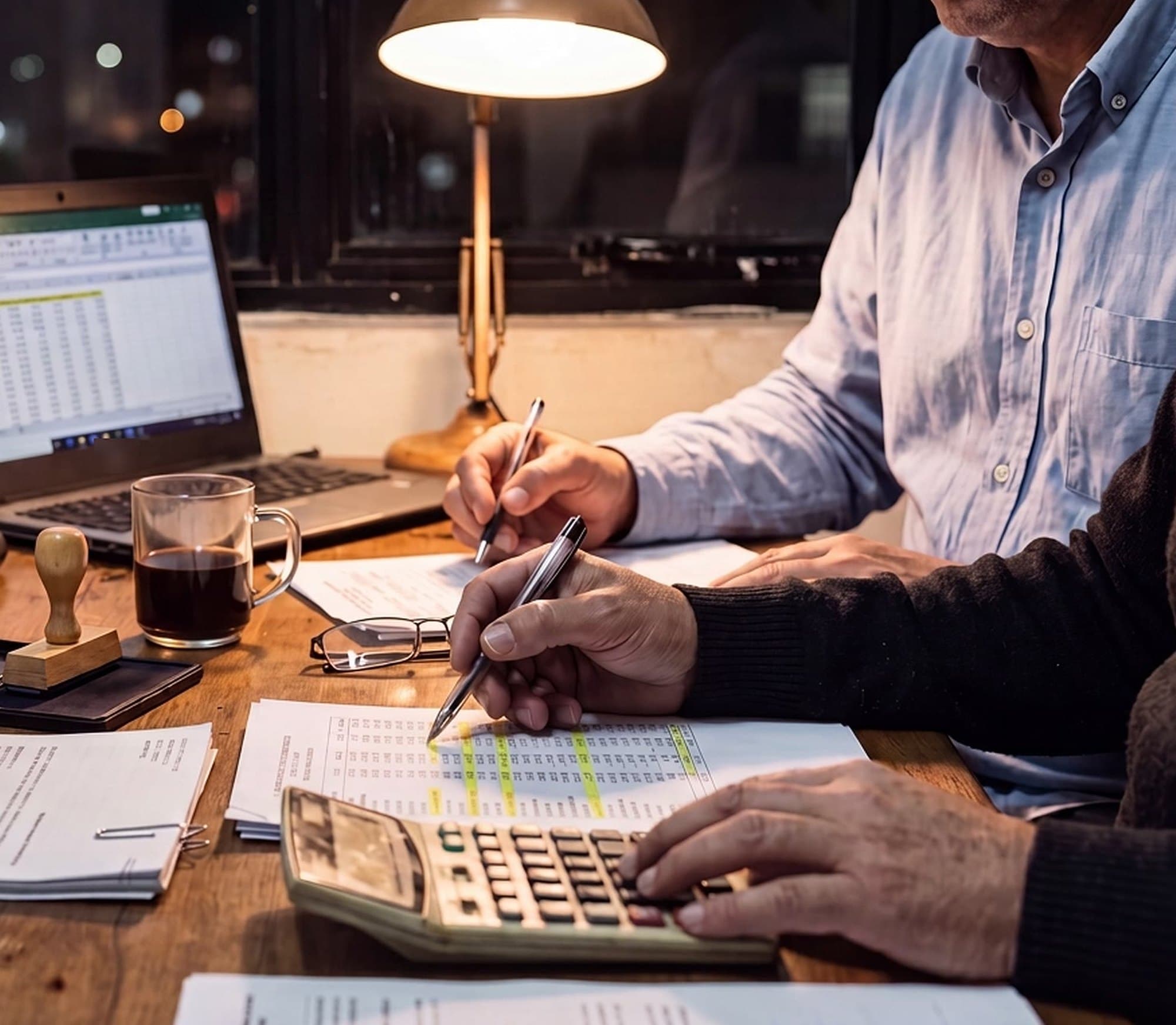 Mesa de escritório à noite, com notebook, calculadora e o edital impresso sendo conferido à caneta