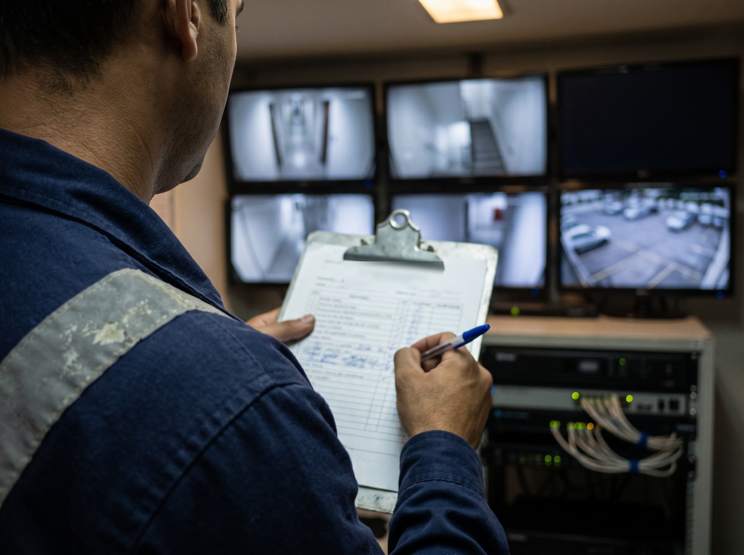 Técnico de uniforme azul-marinho, de costas, preenchendo à caneta a ficha da ronda de CFTV na prancheta, diante da parede de monitores com as câmeras e do rack do gravador